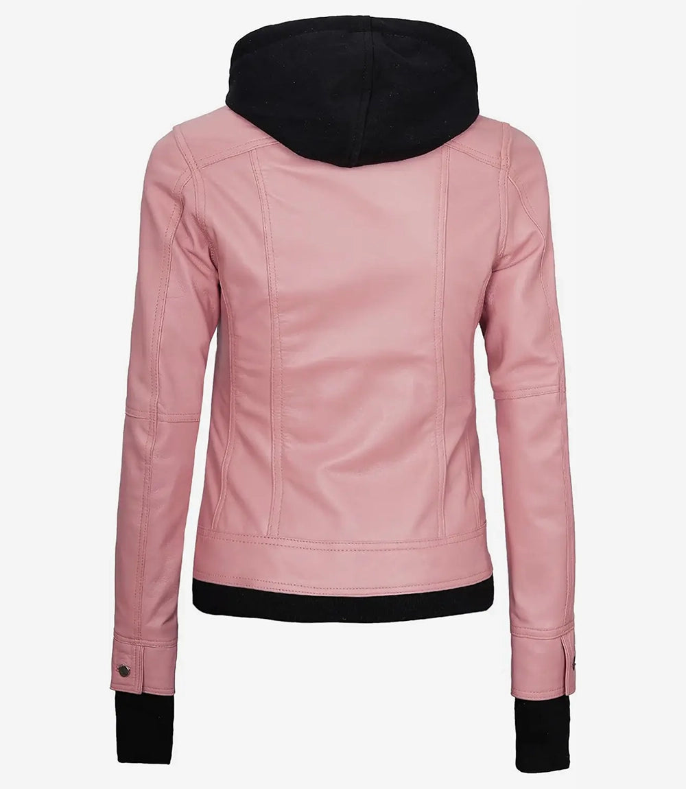 Womens Pink Bomber Leather Jacket with Removable Hood
