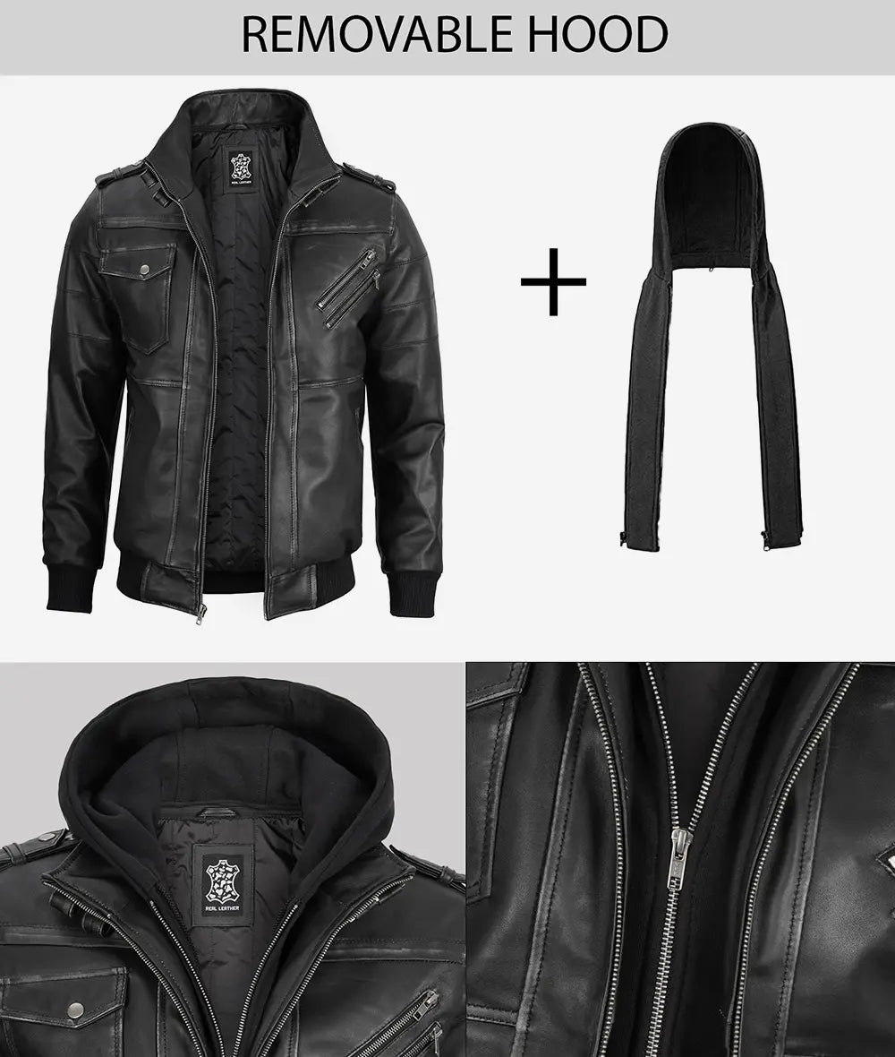 Mens Grey Leather Bomber Jacket With Removable Hood