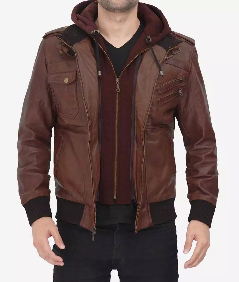 Mens Tall Dark Brown Bomber Leather Jacket with Removable Hood