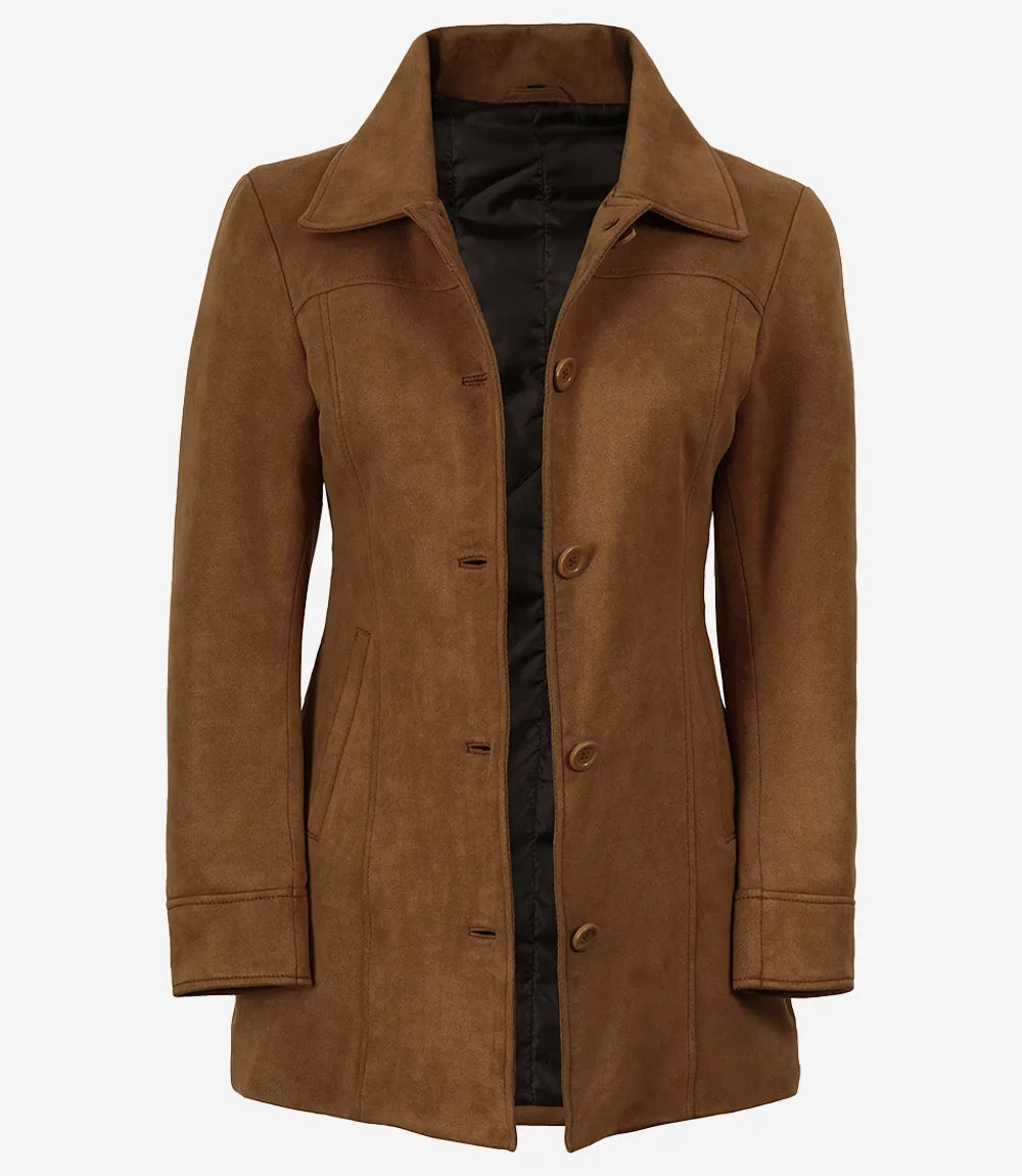 Women's 3/4 Length Button Down Light Brown Faux Suede Coat