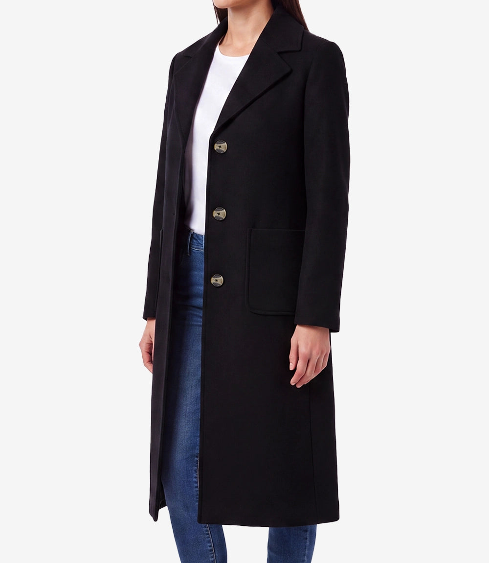 Womens Black Wool Blend Longline Coat – Single Breasted 3 Button - Black - view 3