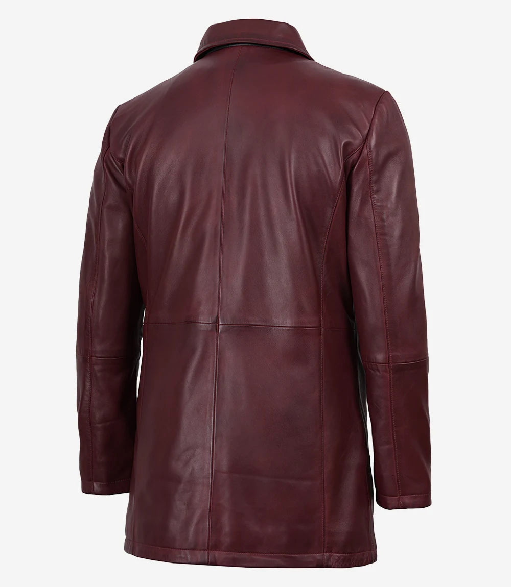 Men's 3/4 Length Burgundy Waxed Leather Coat