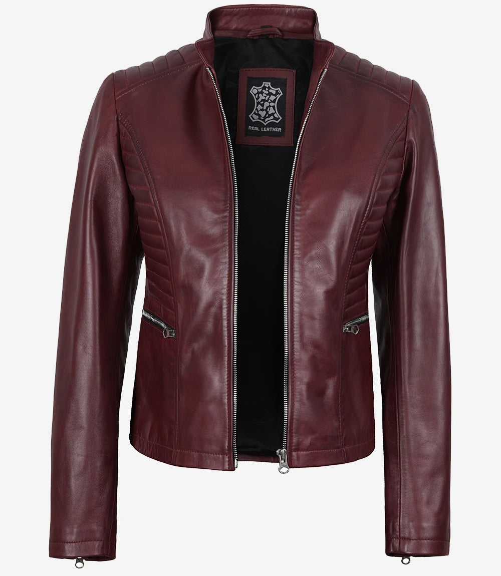 Womens Maroon Slim Fit Leather Jacket