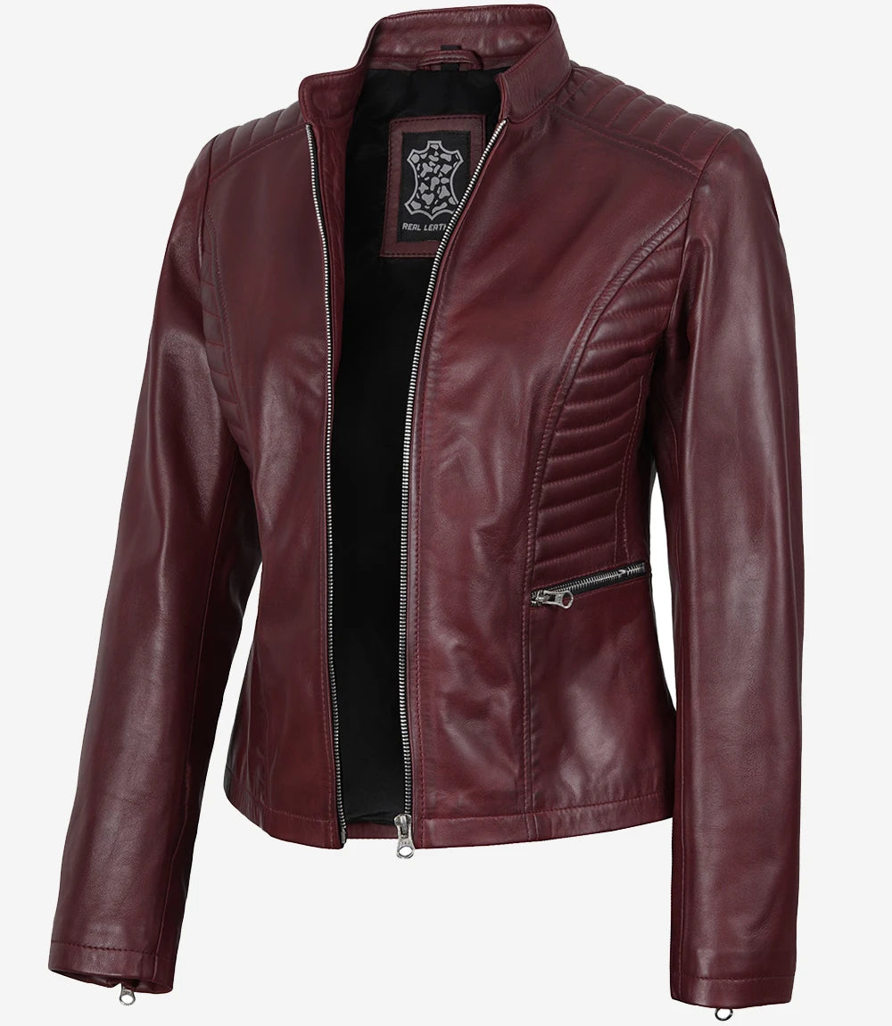 Womens Maroon Slim Fit Leather Jacket