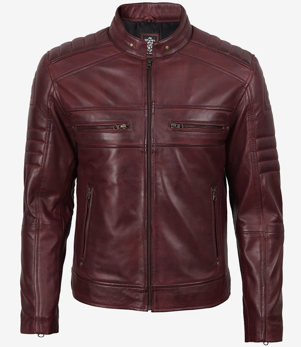 Mens Biker Style Burgundy Leather Jacket