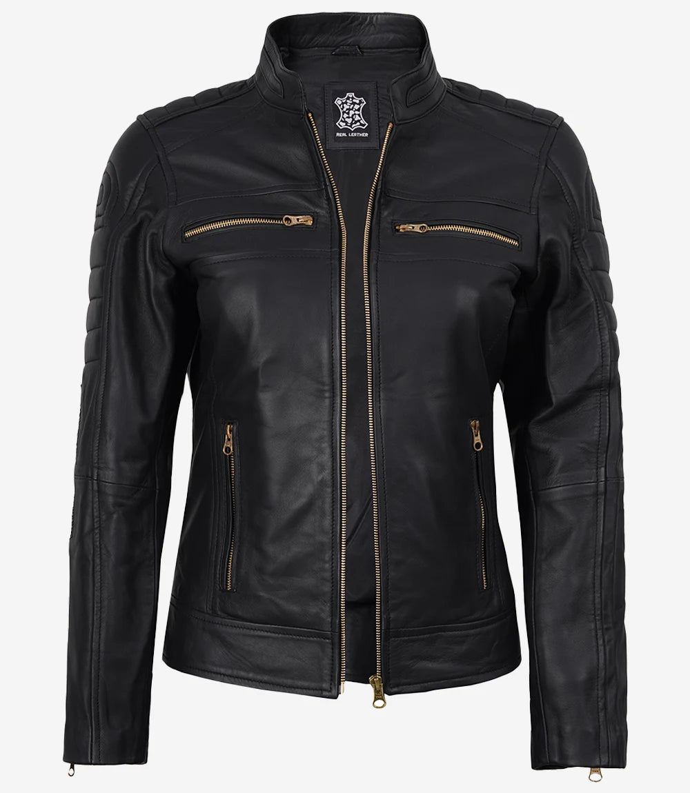 Women's Matte Black Leather Cafe Racer Jacket with Gold Zippers