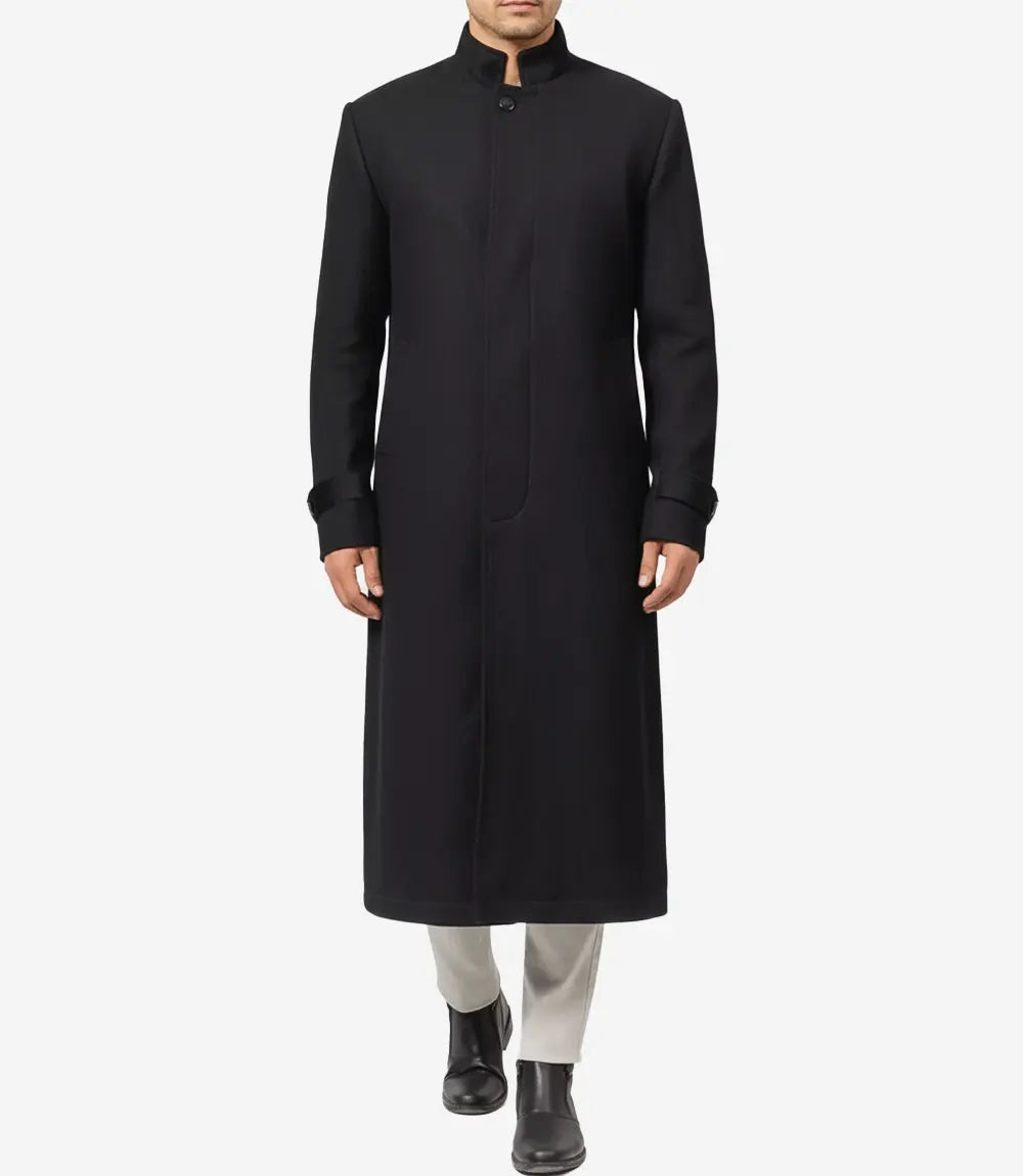McGhee Men's Erect Collar Black Wool Trench Coat