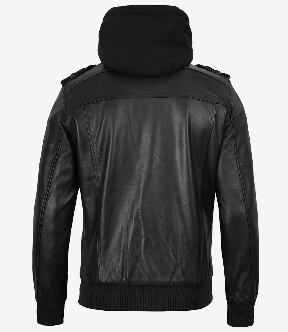 Mens Tall Black Leather Bomber Jacket with Removable Hood