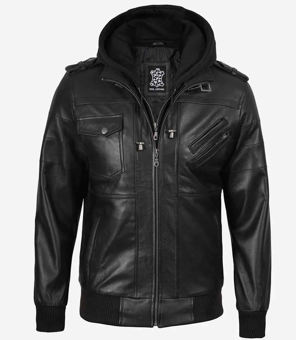 Mens Tall Black Leather Bomber Jacket with Removable Hood