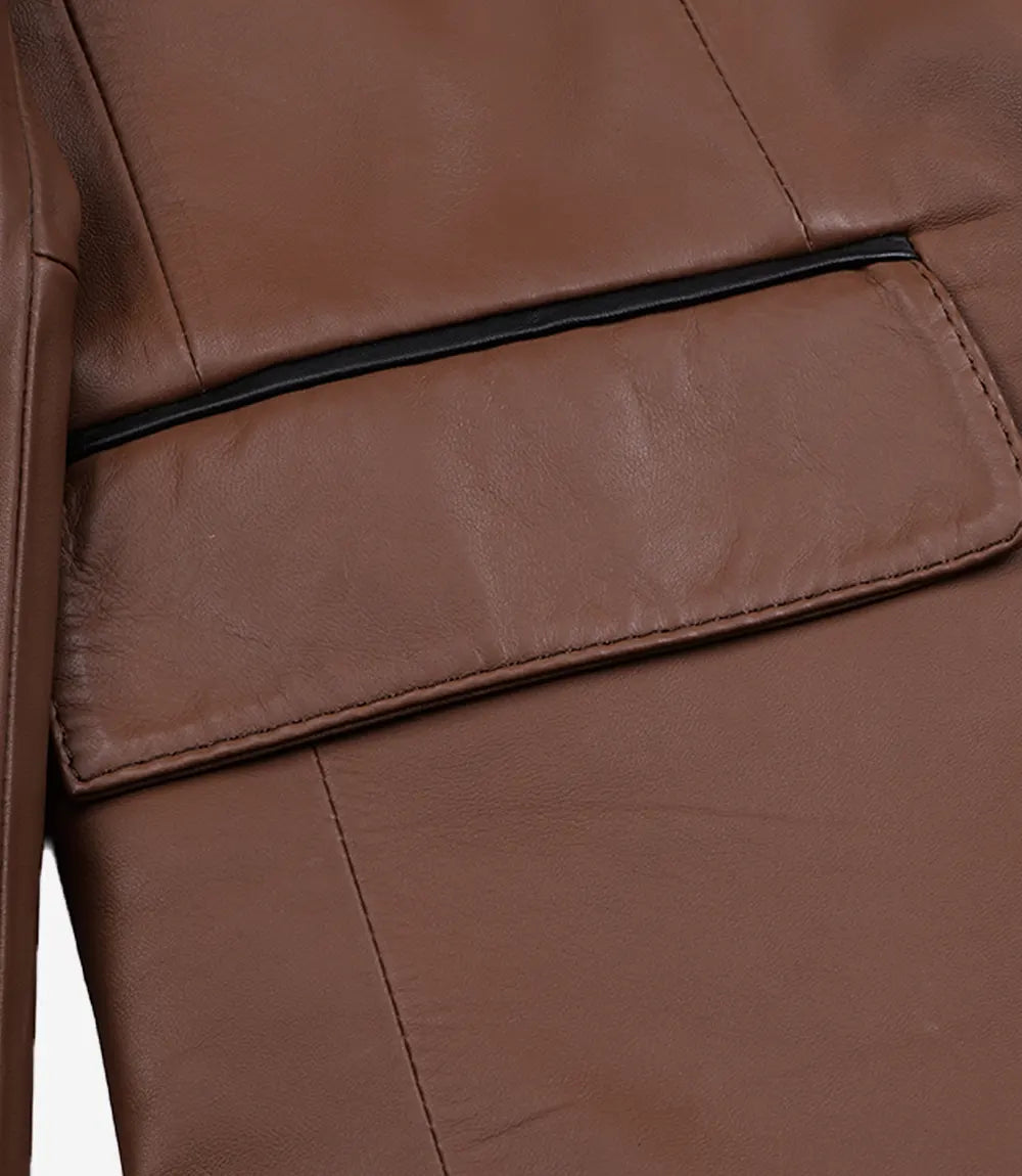 Men's 2 Button Cognac Leather Blazer - Black Piping Details