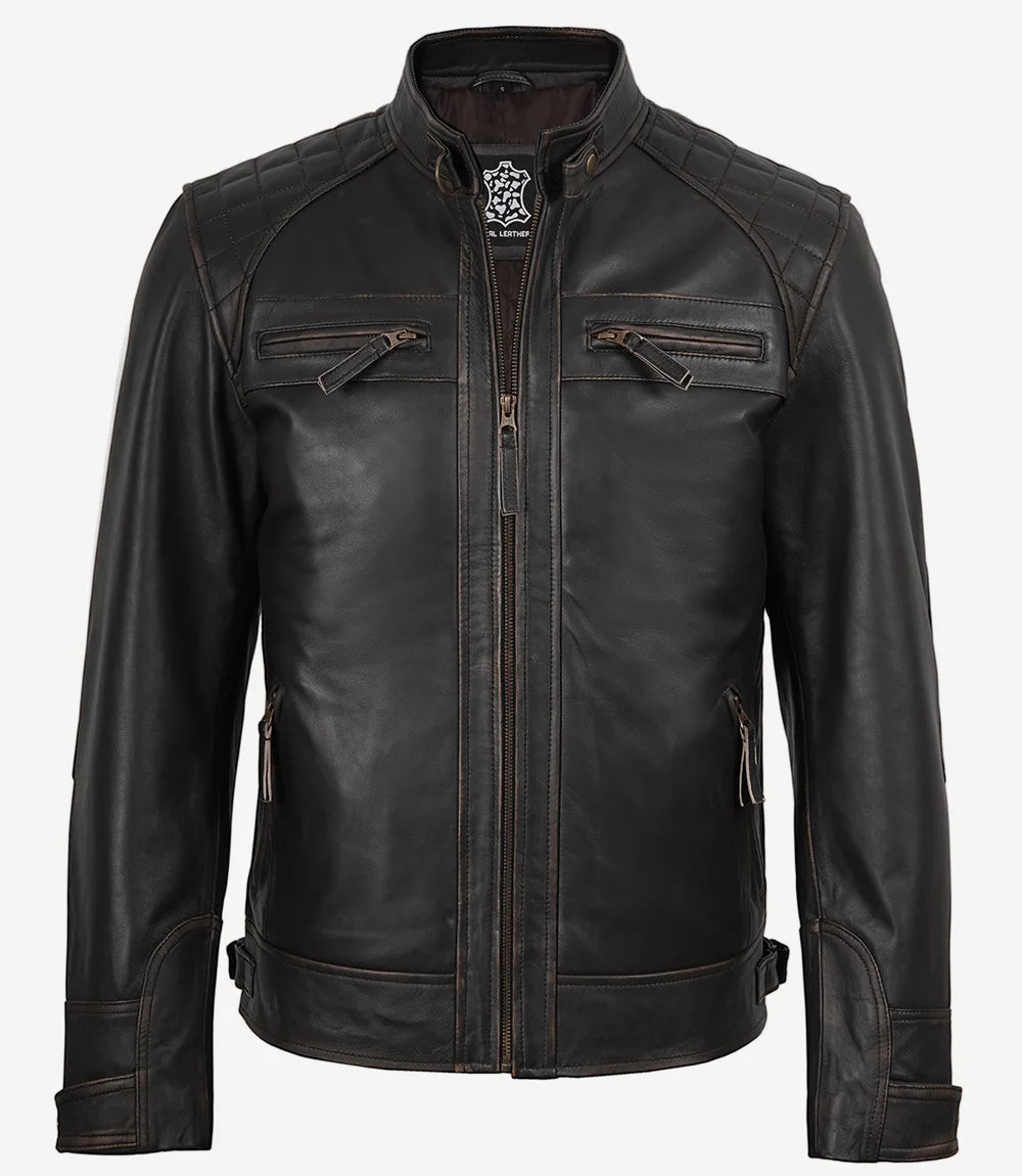 Men's Tall Distressed Brown Leather Biker Style Jacket - Quilted Shoulder