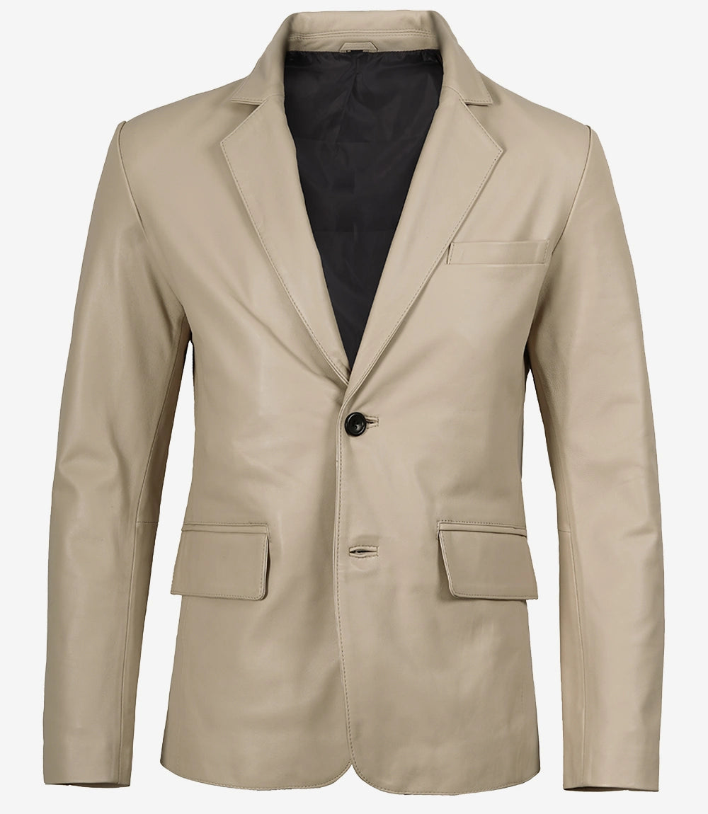 Mens Two Button Beige Leather Blazer