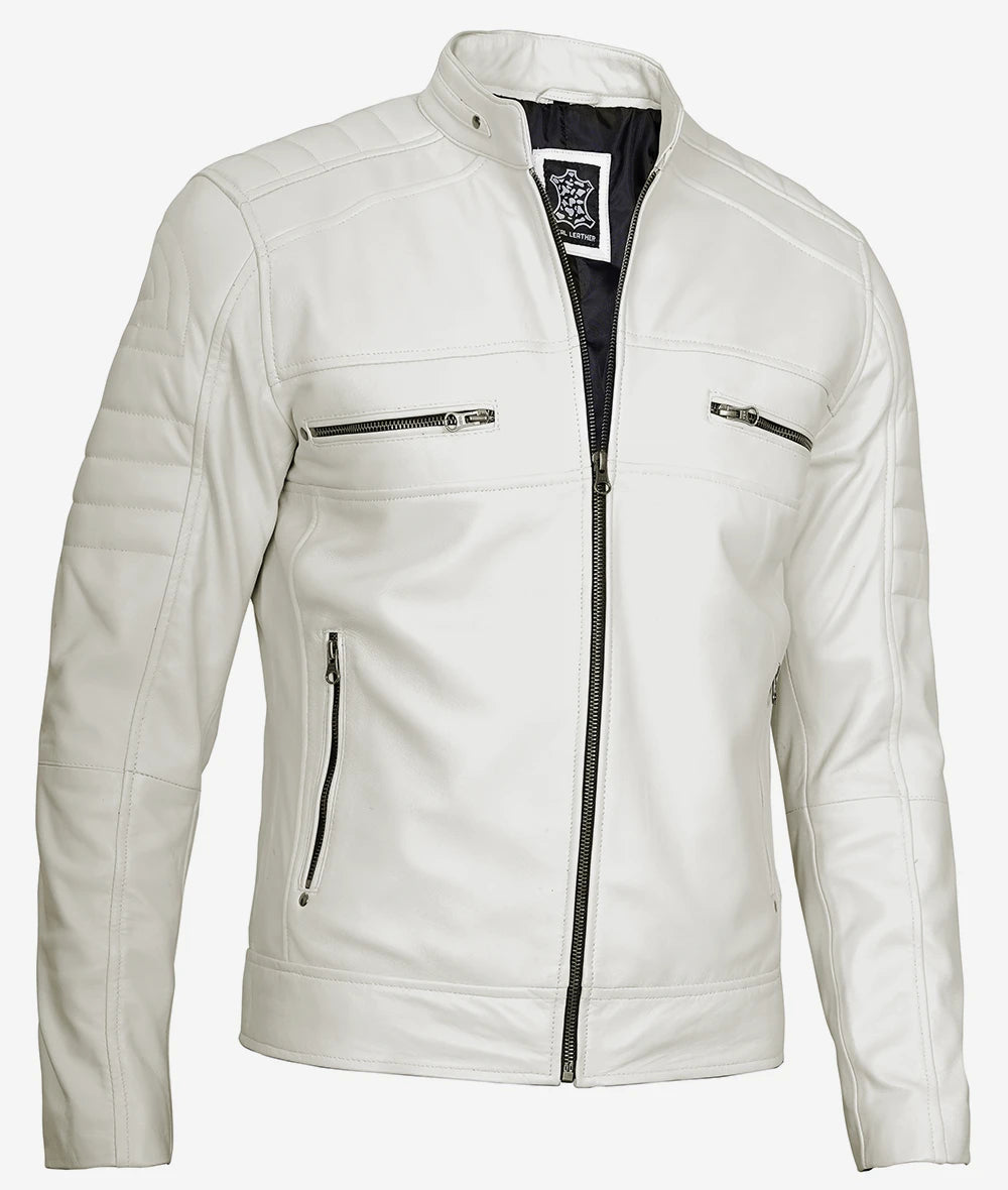Mens White Cafe Racer Leather Jacket