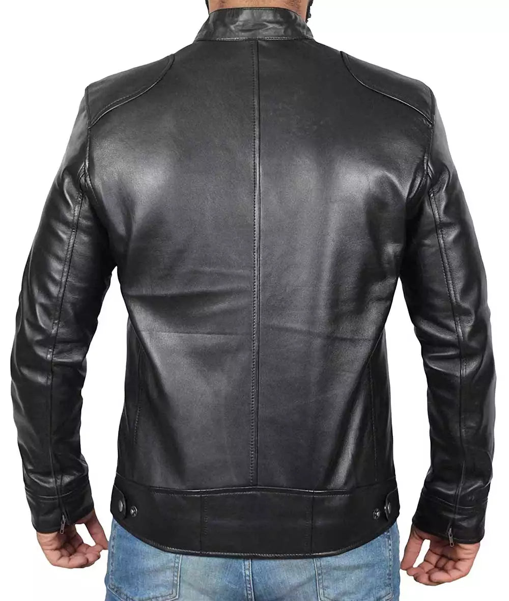 Mens Tall Black Leather Racer Jacket
