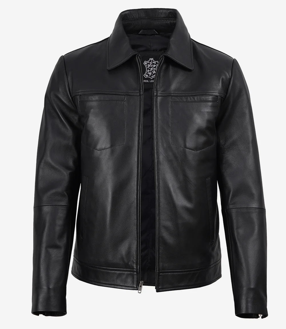Men's Black Harrington Leather Jacket - Black