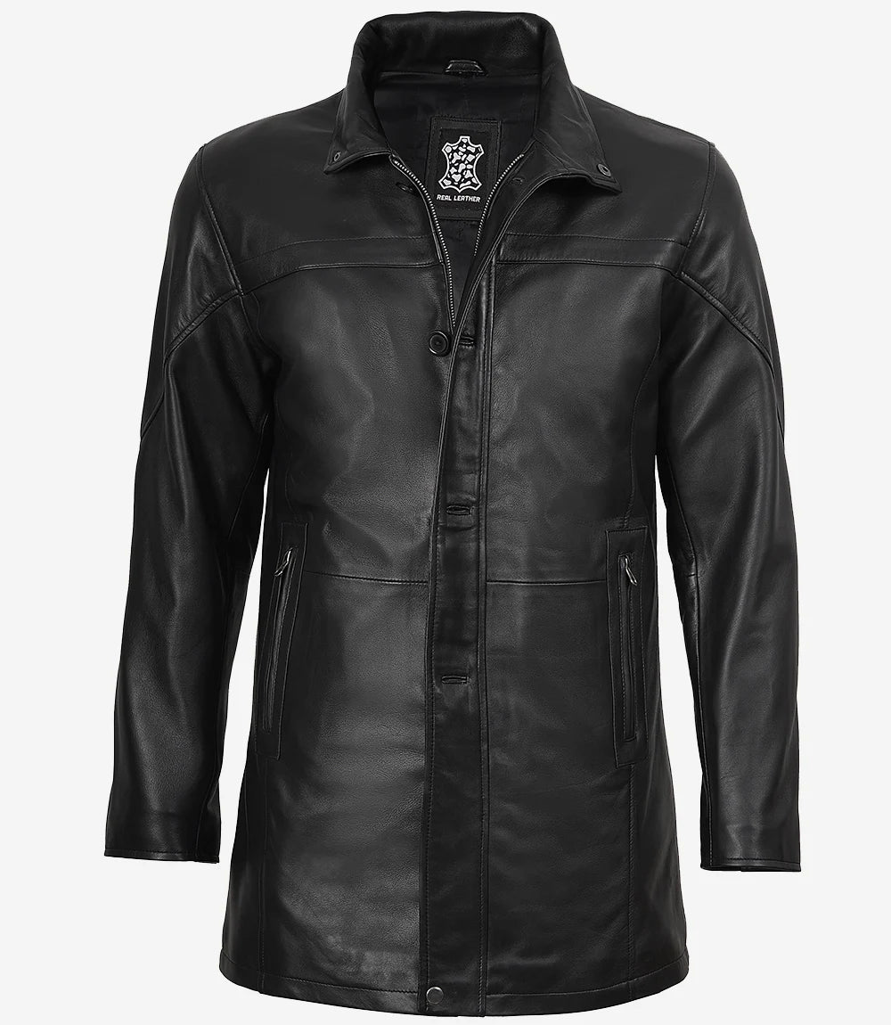 Mens Tall Black Leather Car Coat