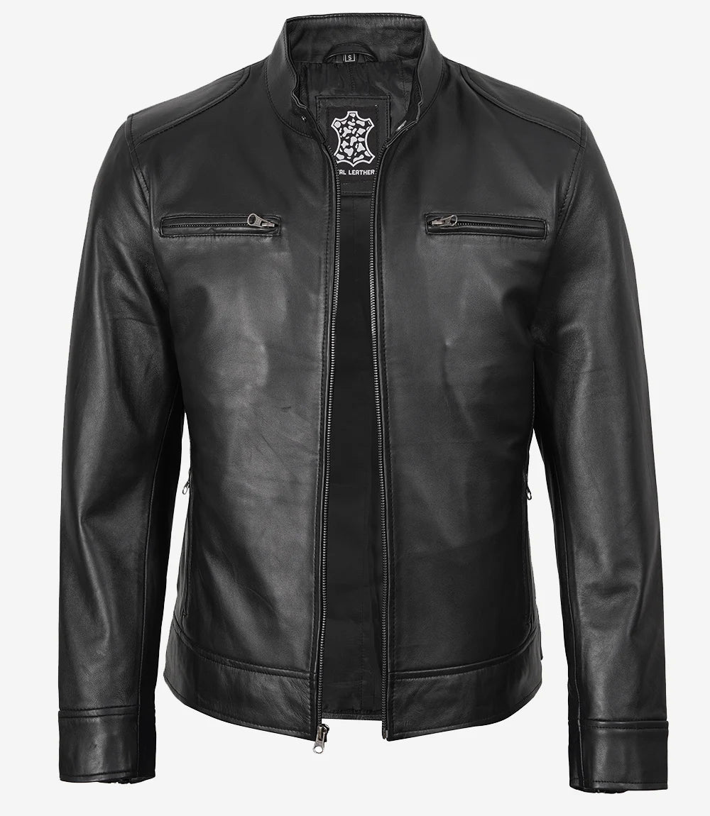 Men's Black Lambskin Leather Biker Style Jacket