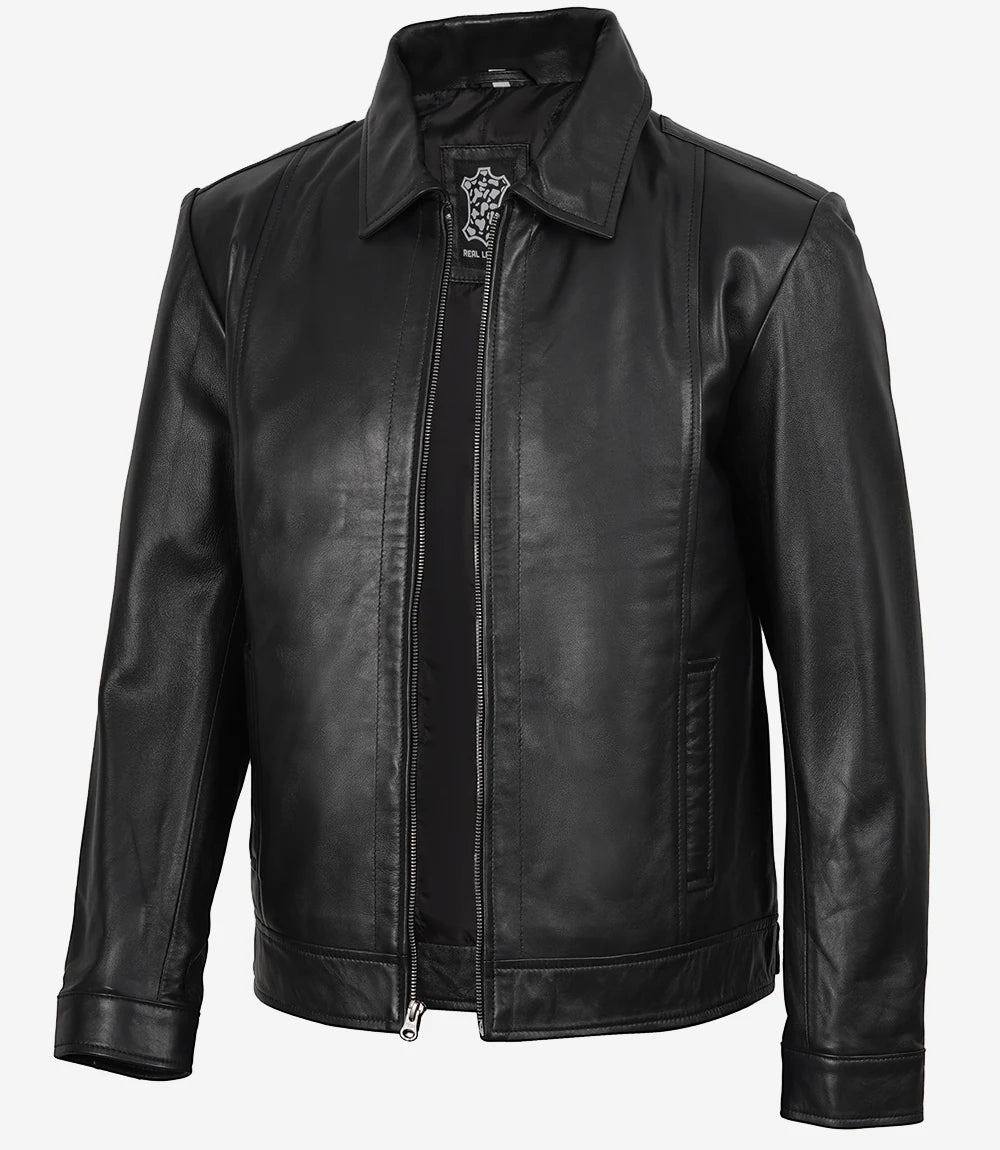 Reeves Men's Shirt Collar Black Harrington Leather Jacket