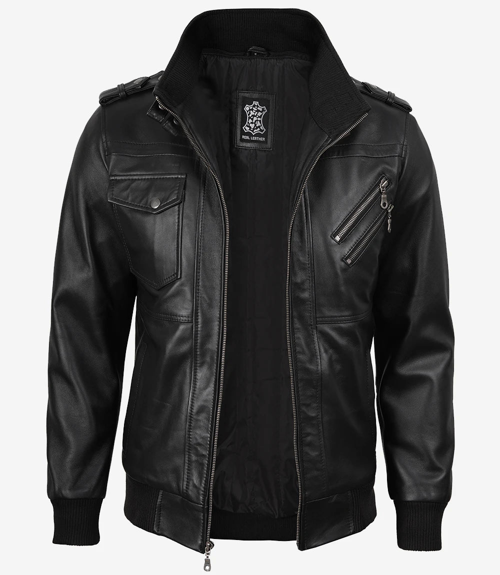 Men's Black Leather Jacket with Grey Removable Hood