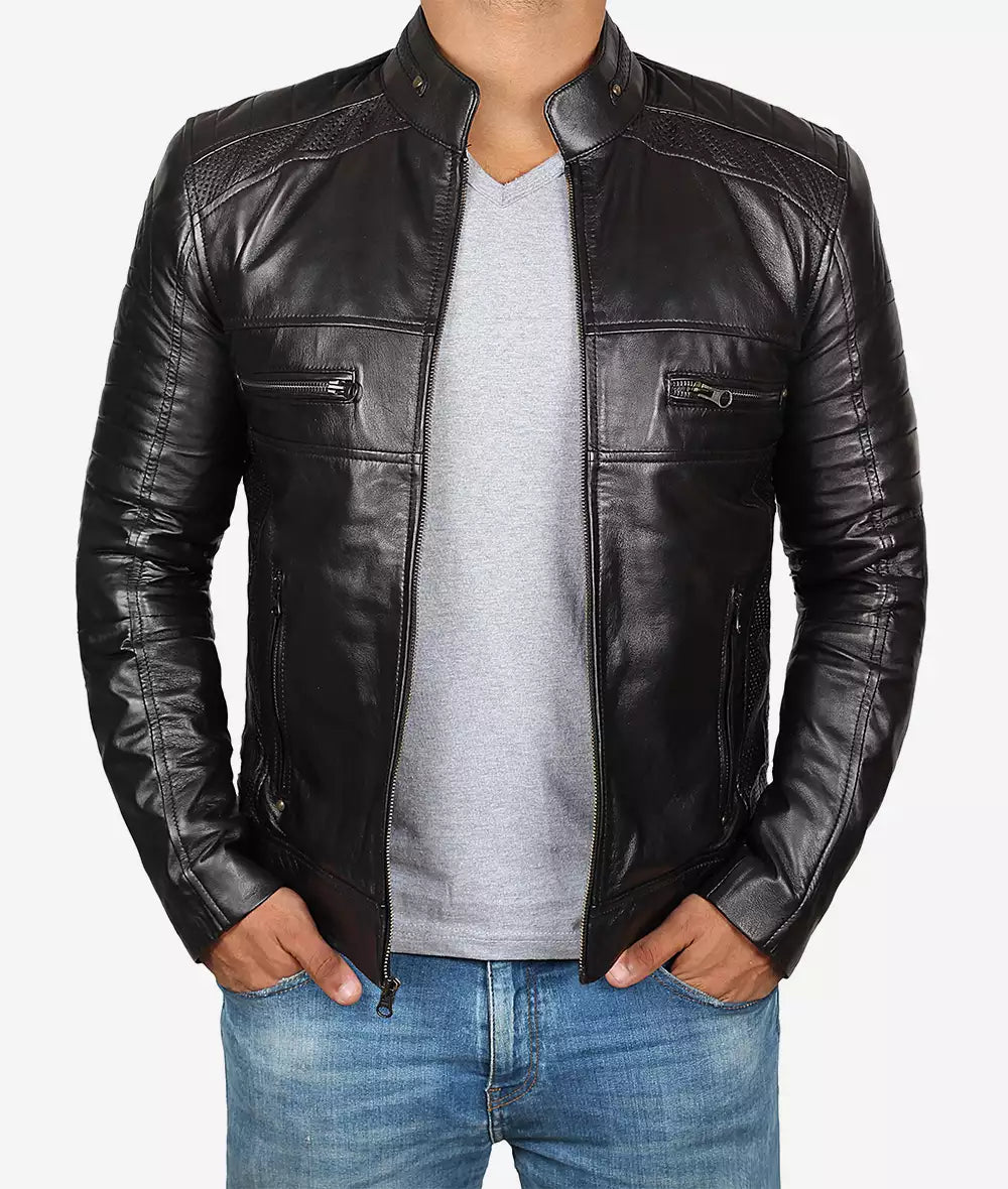 Mens Tall Black Cafe Racer Leather Jacket