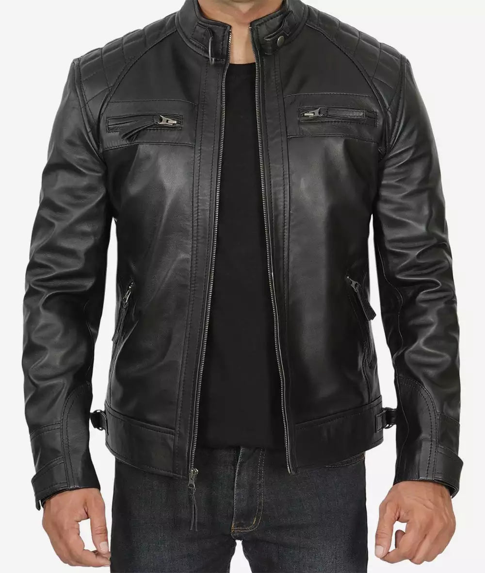 Mens Tall Black Quilted Leather Jacket