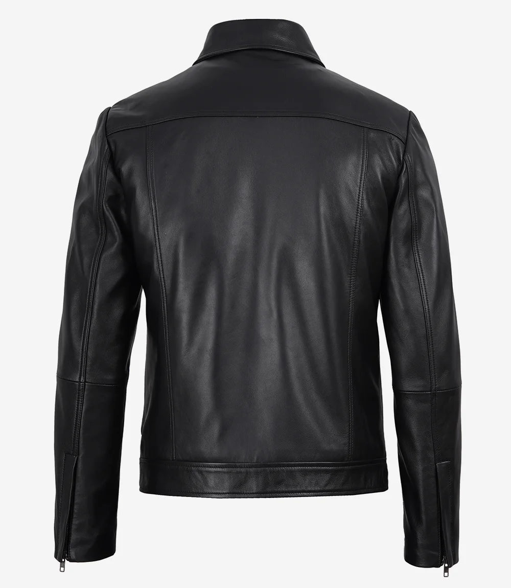 Men's Black Harrington Leather Jacket - Black - view 4