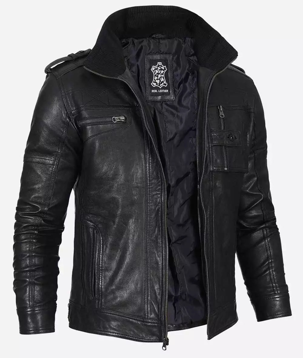Mens Cafe Racer Washed Leather Jacket With Black Waxed