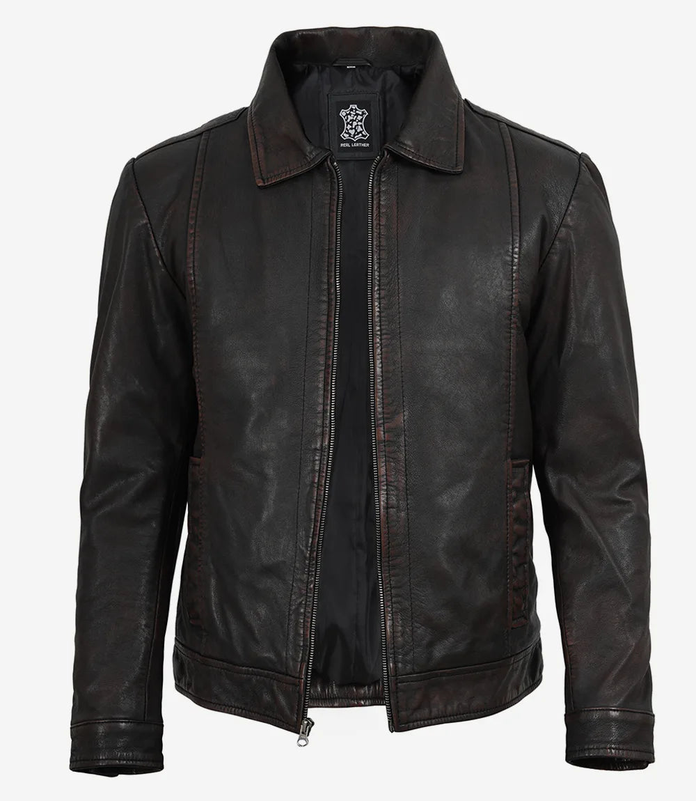 Men's Black Distressed Leather Jacket with Maroon Undertone