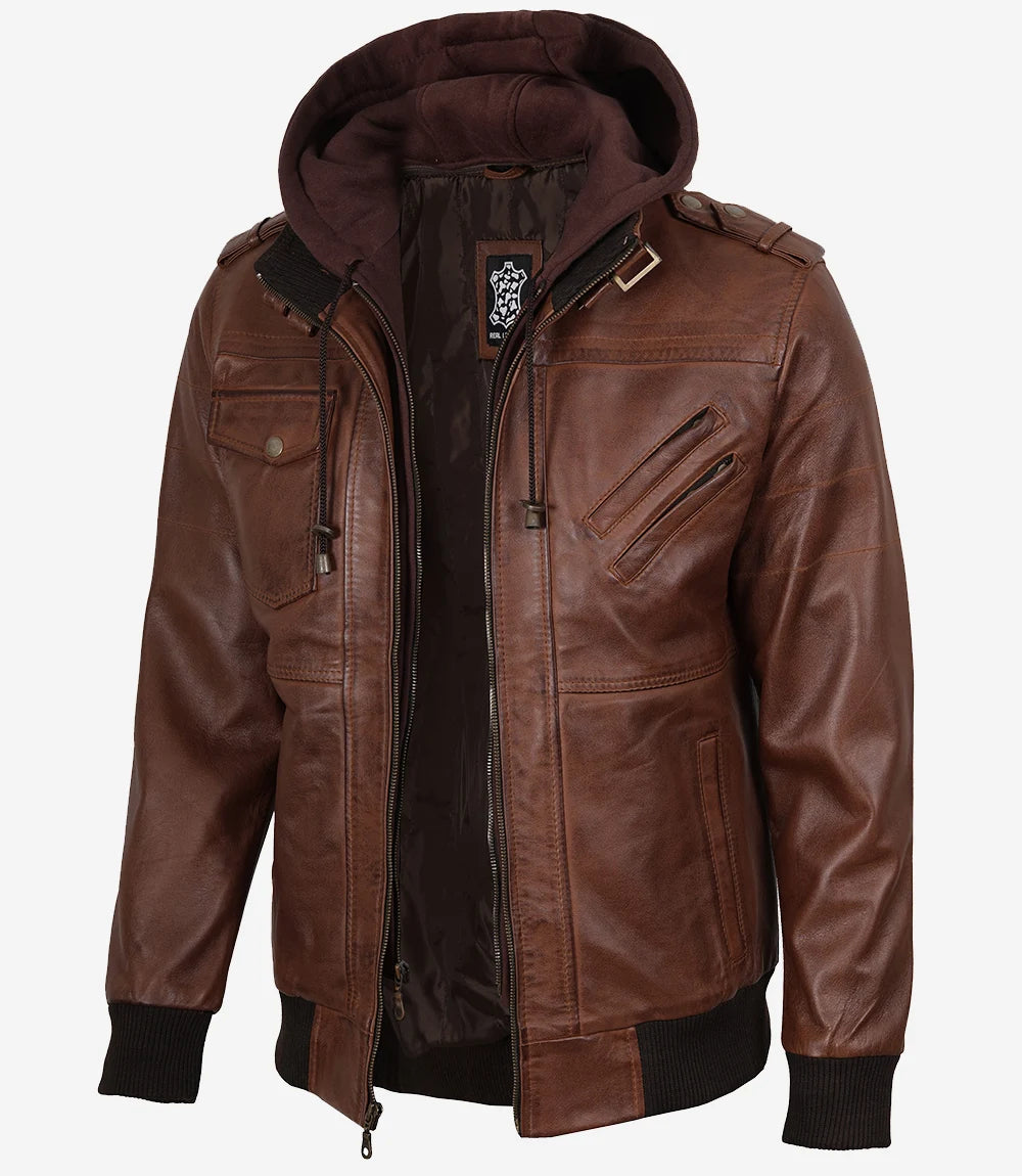 Brown Hooded Jacket Men's |Cognac Bomber Leather Jacket with Hood