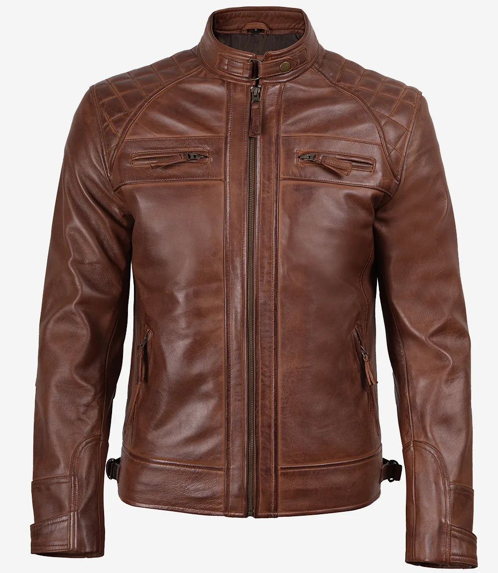 Men's Cognac Brown Quilted Biker Style Leather Jacket