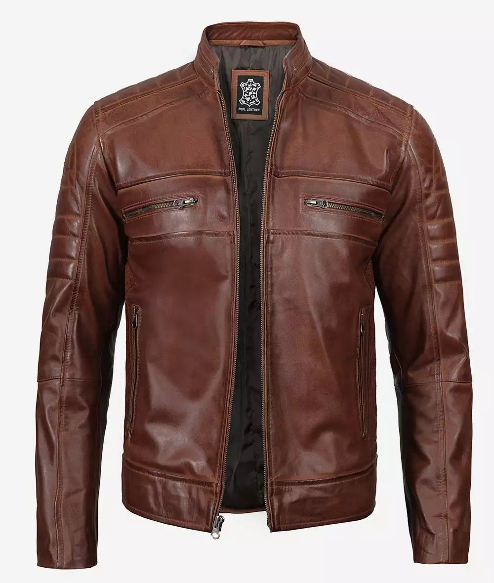 Mens Tall Brown Waxed Perforated Leather Jacket