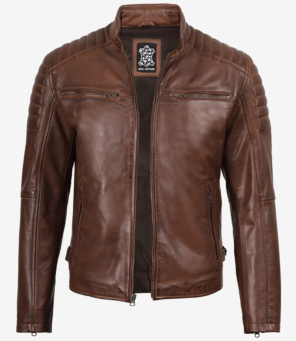 Mens Cognac Waxed Cafe Racer Leather Jacket