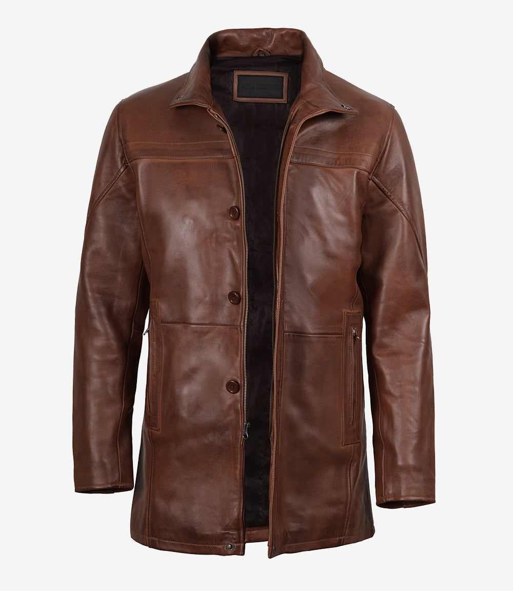 Mens Premium Cognac Brown Leather Car Coat