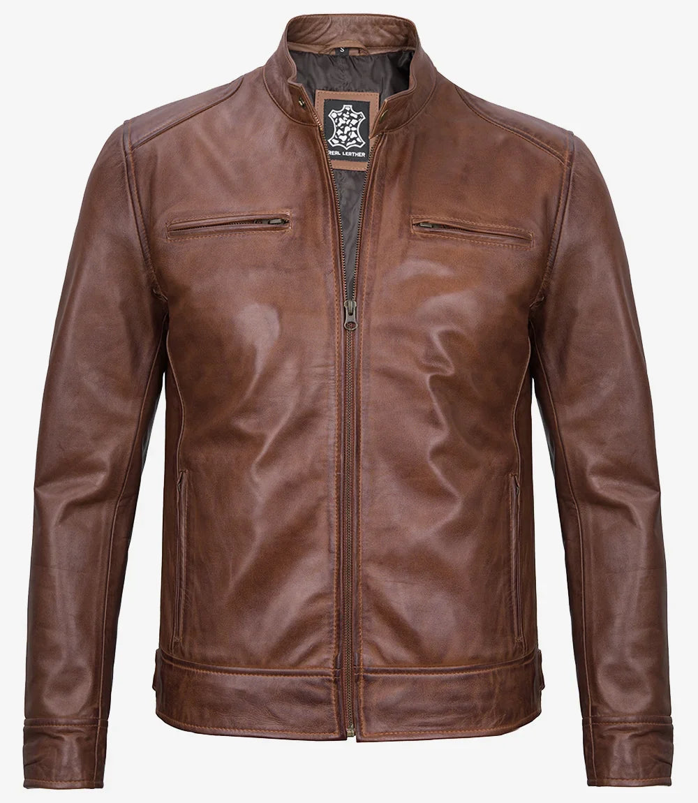 Men's Cognac Biker Style Leather Jacket