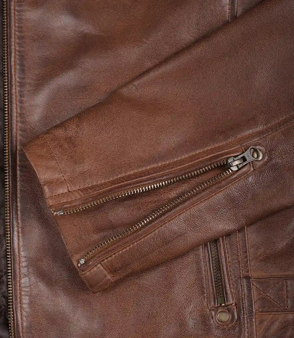 Mens Cognac Waxed Cafe Racer Leather Jacket
