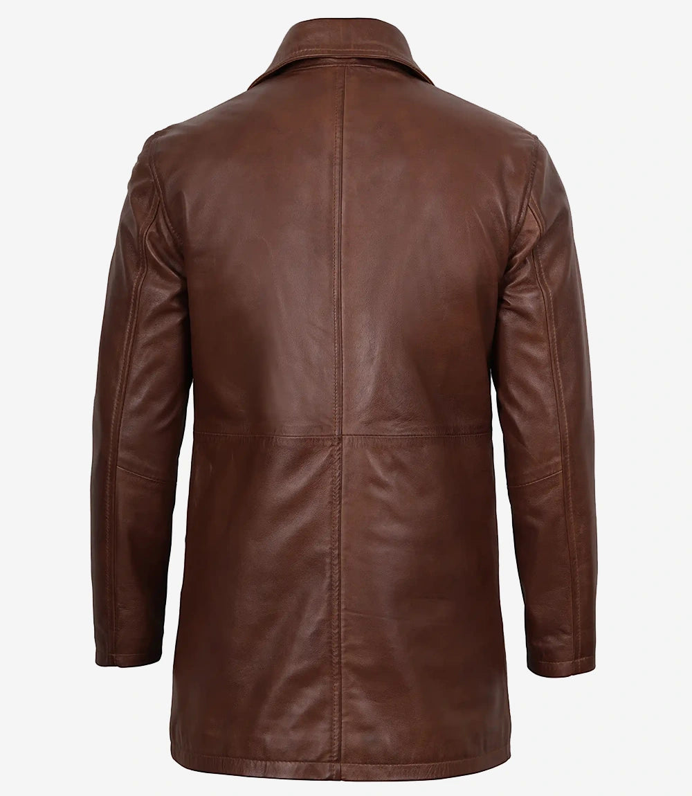 Men's Real Leather Button Down Cognac Car Coat