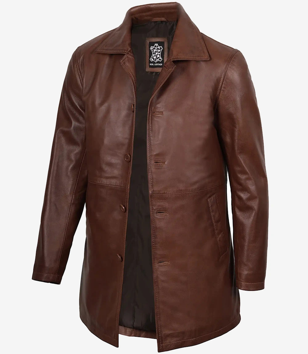 Men's Real Leather Button Down Cognac Car Coat
