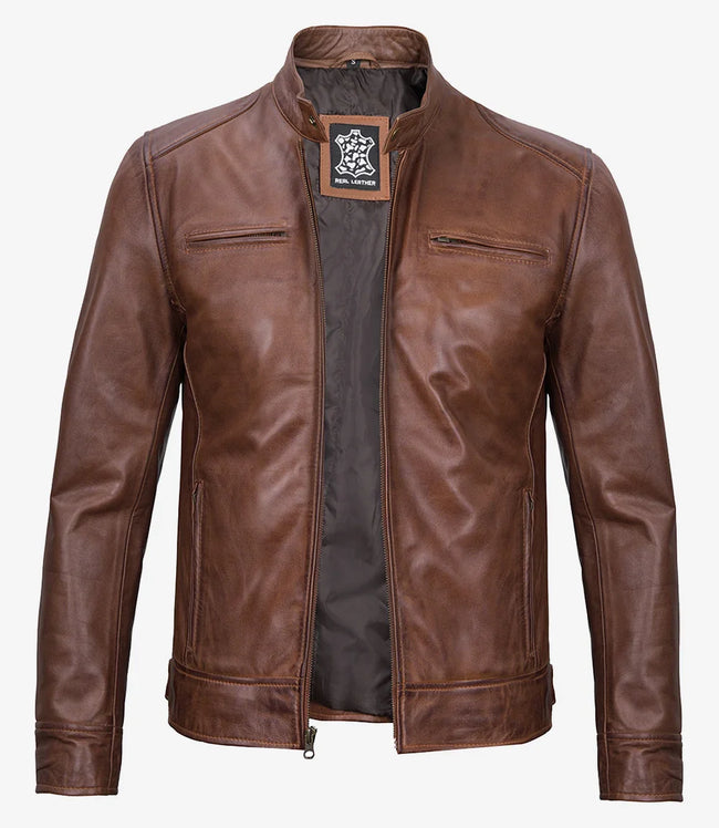 Men's Cognac Biker Style Leather Jacket