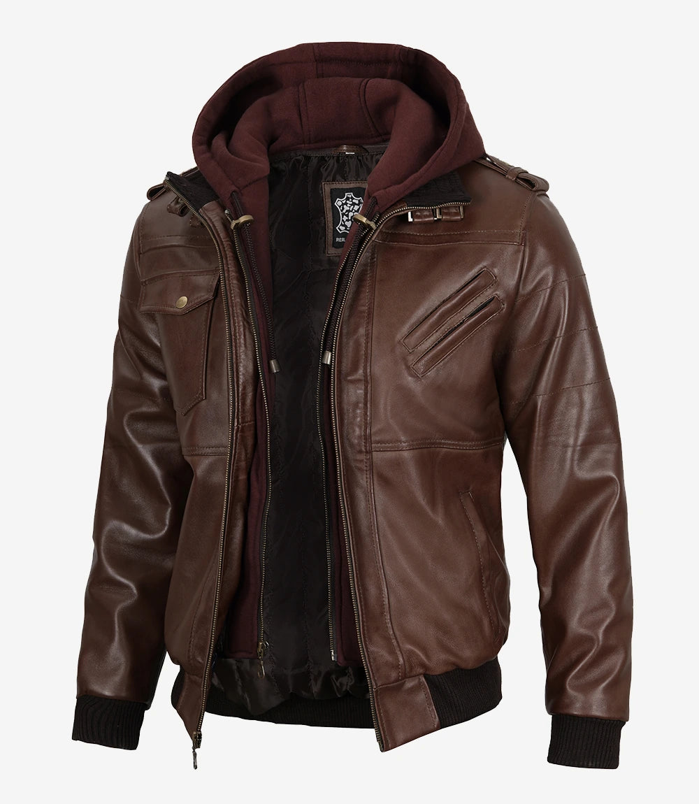 Mens Real Leather Dark Brown Bomber Jacket With Removable Hood