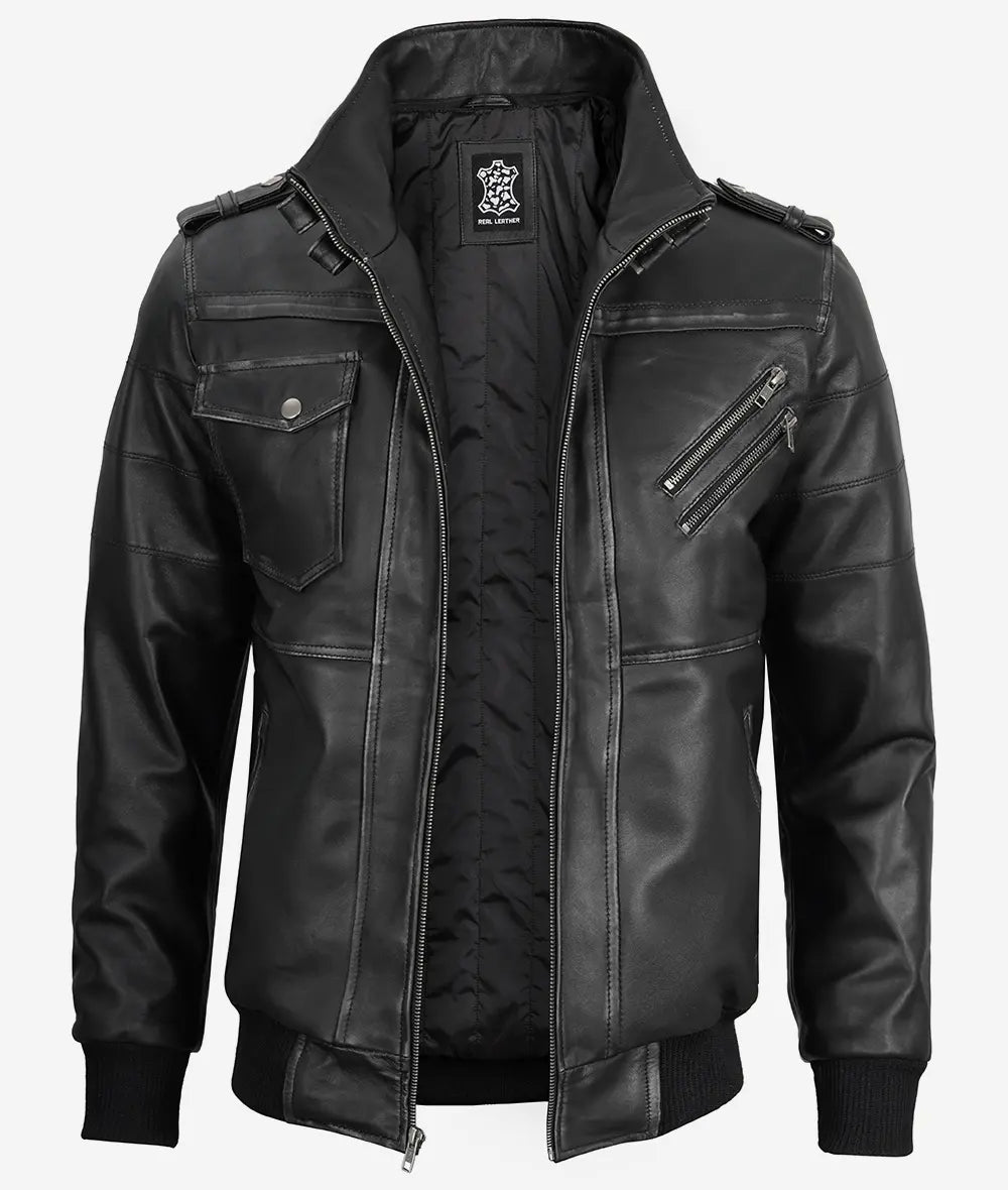 Mens Grey Leather Bomber Jacket With Removable Hood