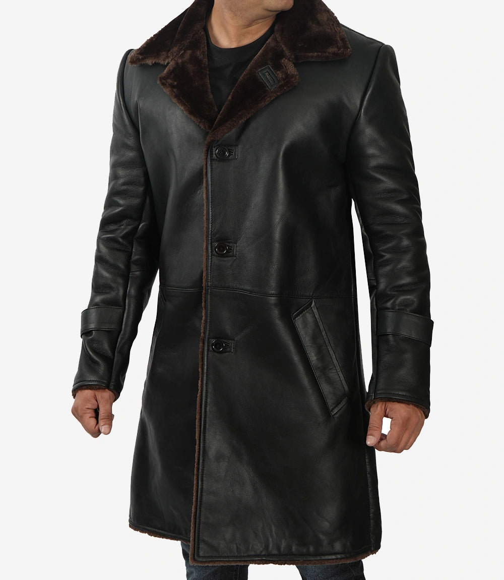 Mens Shearling Lined 3 4 Length Leather Coat