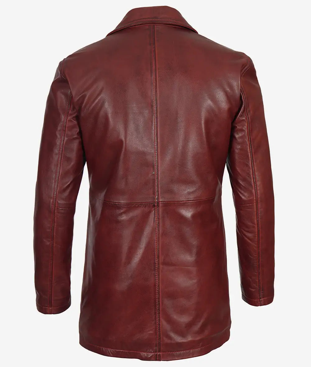 Distressed Leather Maroon Coat Mens