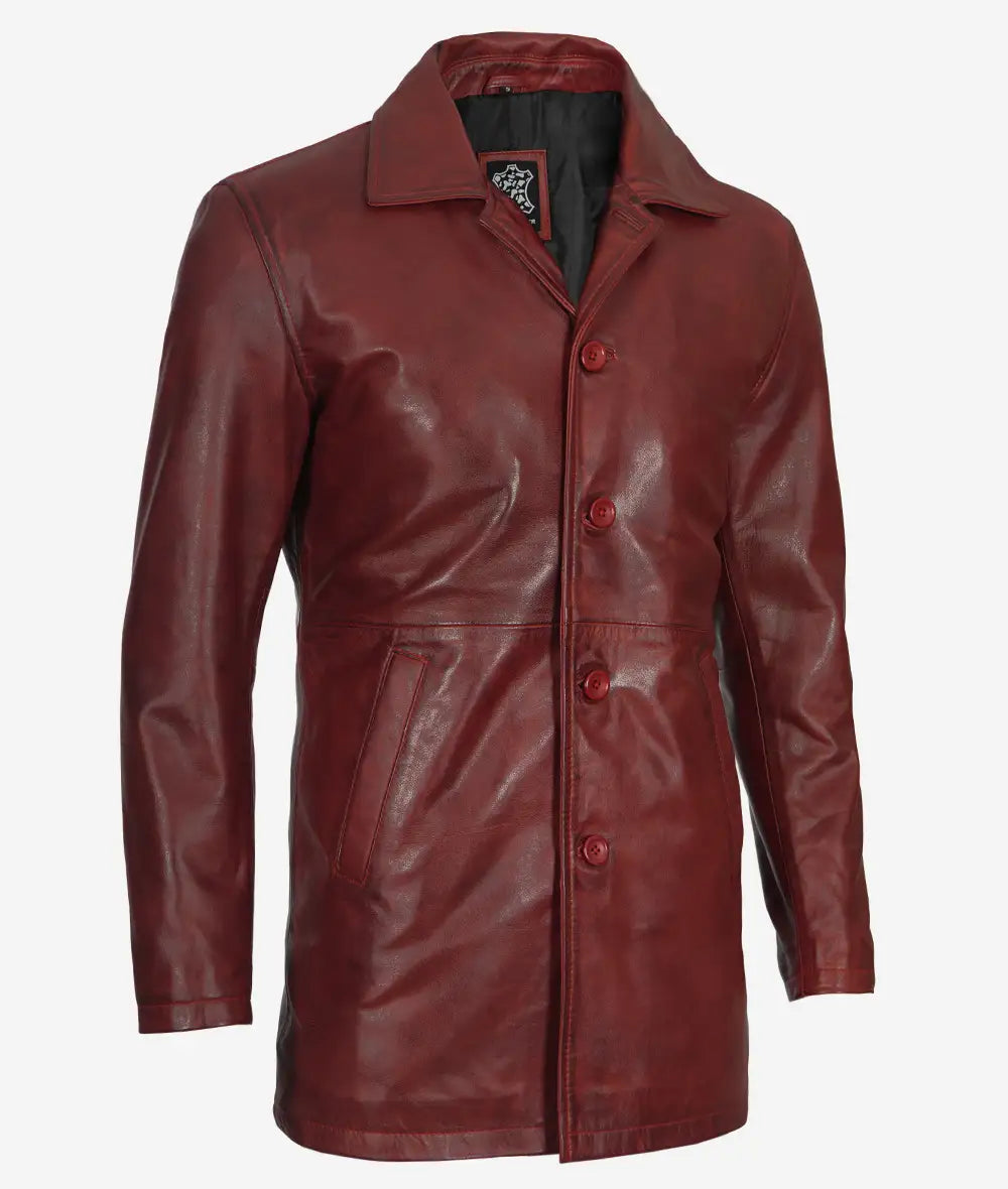 Distressed Leather Maroon Coat Mens