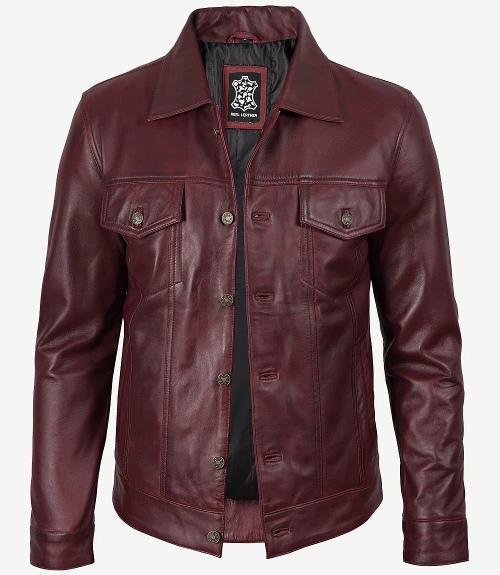 Men's Real Lambskin Leather Burgundy Trucker Jacket