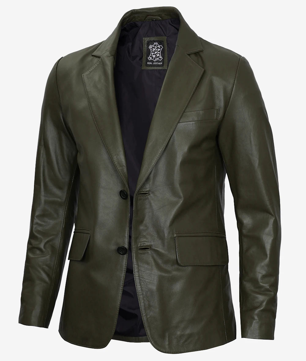 Mens Two Button Green Leather Blazer