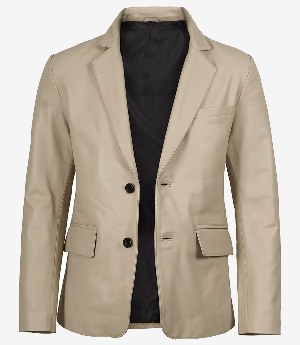 Mens Two Button Beige Leather Blazer