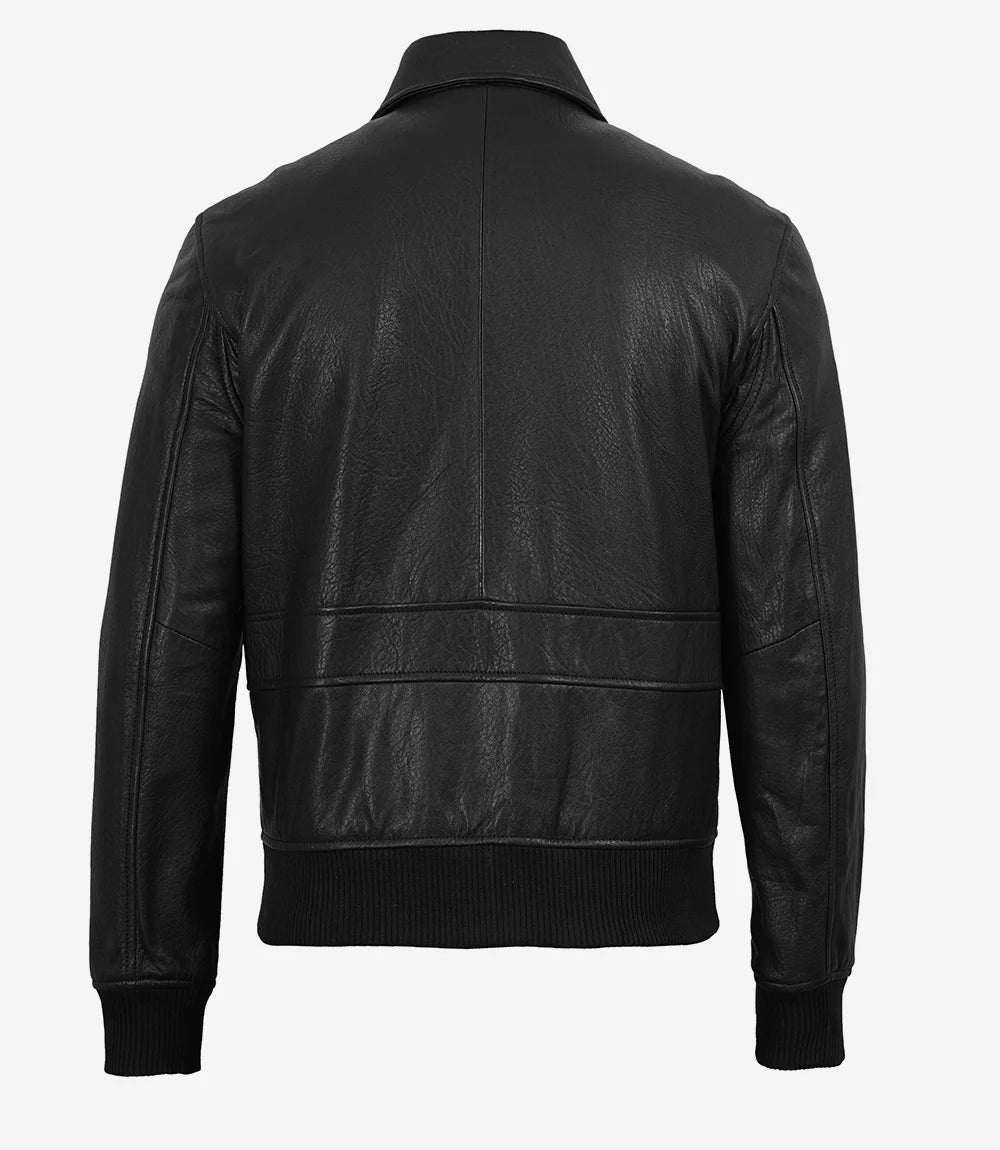 Men's Classic Washed Black Leather Bomber Jacket - Black - view 4