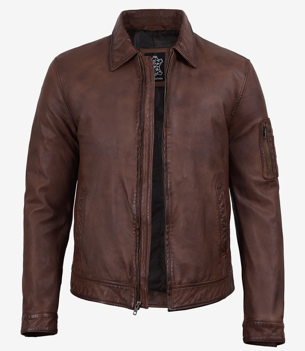 Men's Washed Cognac Waxed Leather Harrington Jacket - Washed Cognac - view 2