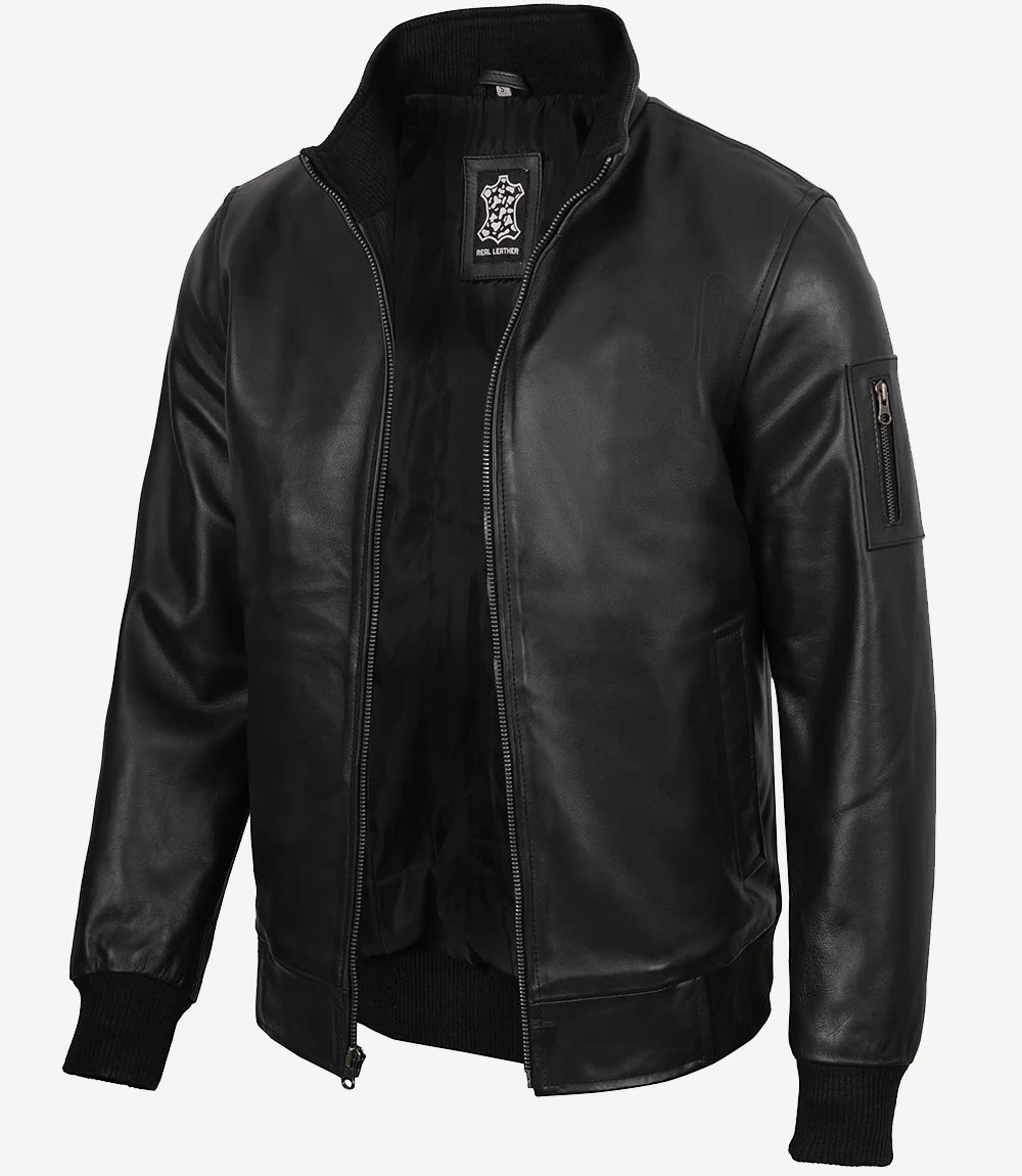 Men's Black Cowhide Leather Bomber Jacket