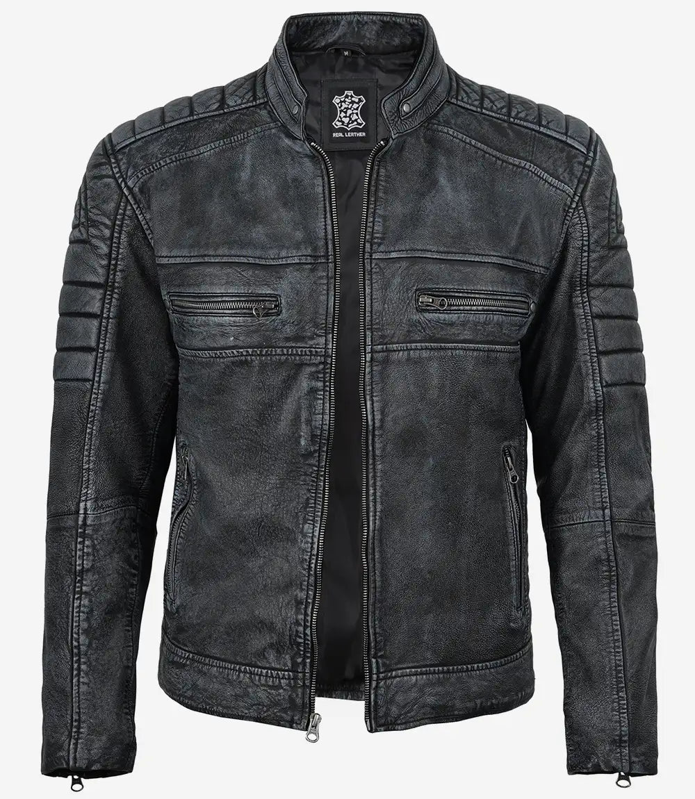 Men's Distressed Washed Black Leather Cafe Racer Jacket